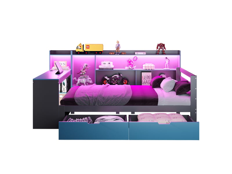 Canapé-lit 90 x 200 cm - avec compartiments de rangement - éclairage intégré - prise électrique - 2 tiroirs - noir+bleu(matelas non inclus)  - Conforama A