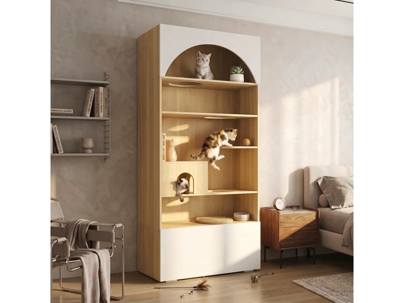  Armoire penderie avec espace chat 270x50x200 cm, meuble vestiaire multifonction blanc et bois  - Conforama D