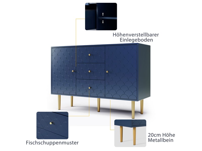 Buffet 2 portes et 3 tiroirs en panneau de particules et métal bleu marine 120x40x83 cm AB20886566B - Conforama D