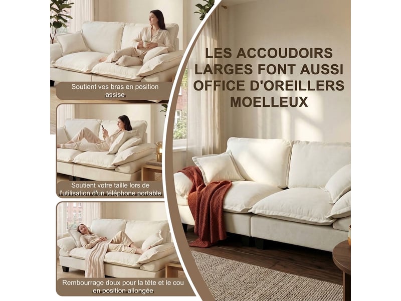 Canapé d'angle modulable en l beige 263 cm avec ottomane amovible et revêtement chenille - Conforama R
