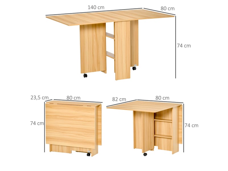  Table pliante de cuisine salle à manger amovible sur roulettes 80l x 140l x 74h cm 2 étagères intégrées en bois coloris bois naturel  - Conforama E