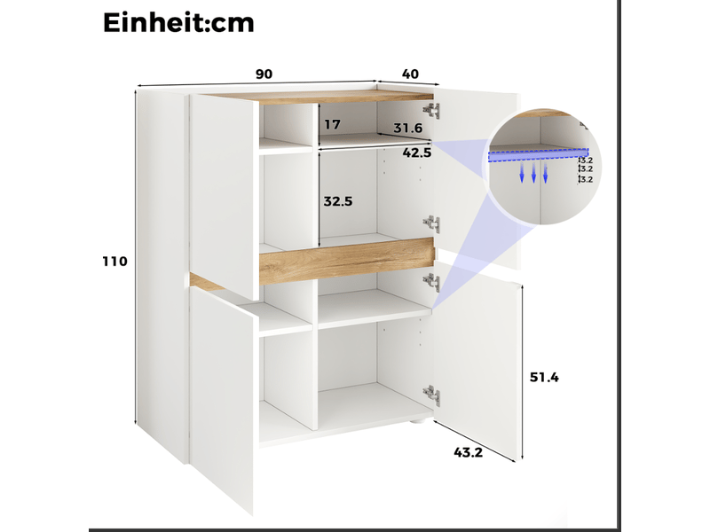 Armoire de rangement 90x40x110 cm – blanc et chêne clair – 4 portes, étagères réglables pour bureau - Conforama C