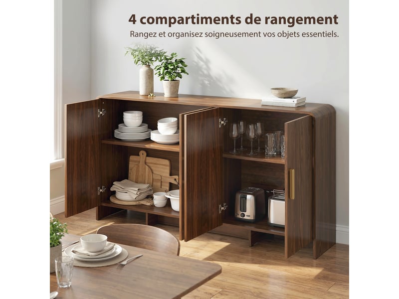  Buffet cuisine, meuble de rangement avec 4 portes à fermeture douce, 4 compartiments et bords arrondis, 152x40x80cm, noyer  - Conforama E