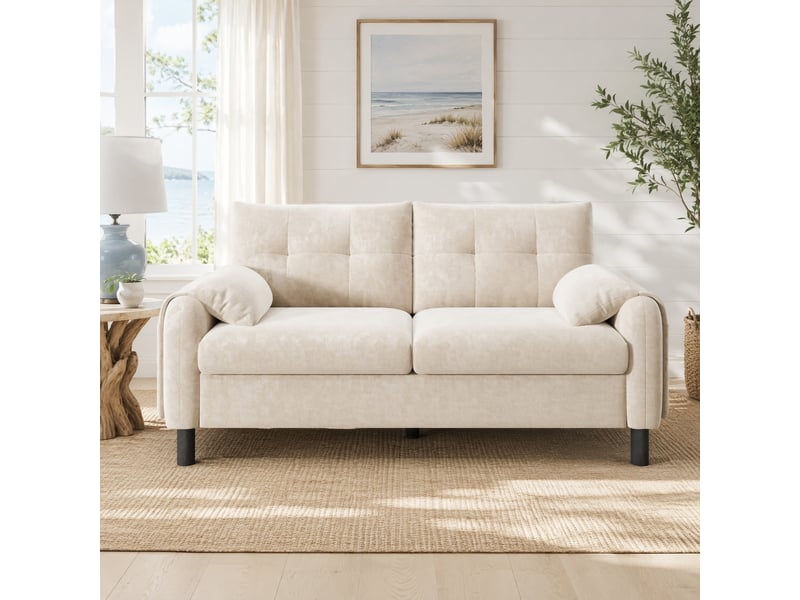  Canapé 2 places 158x80x88,5 cm en chenille beige, compact, avec poches latérales et coussins  - Conforama W