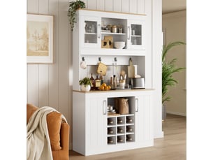 Buffet de cuisine avec surmeuble 175 cm blanc et bois vaisselier portes en verre