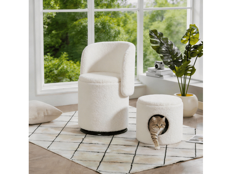 Fauteuil pouf pivotant à 360 degrés avec coffre de rangement et pouf en tissu teddy blanc, 53 × 50 × 47 cm - Conforama B