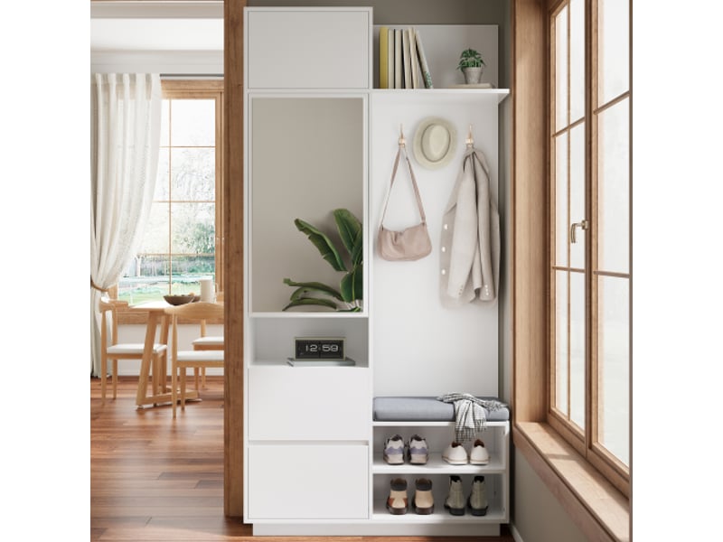  Garde-robe d'entrée compacte avec miroir et banc — meuble d'entrée, patères et porte-chaussures  - Conforama B
