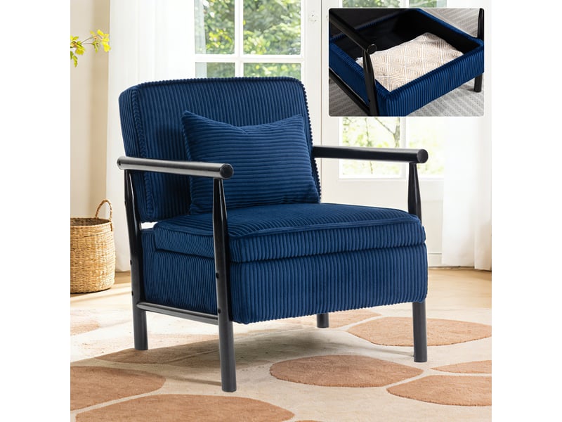 Fauteuil de salon moderne 80x61x72cm - coffre de rangement intégré, coussin lombaire amovible et structure en bois massif - velours côtelé - bleu  - Conforama B