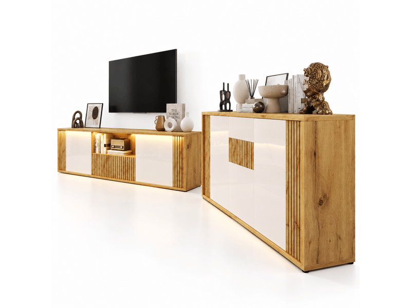  Ensemble meuble tv 180 cm et buffet 140 cm, blanc et bois, pour tv 75 pouces  - Conforama E