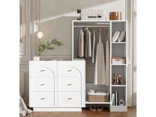 Armoire moderne blanche 139 × 35 × 133 cm, penderie ouverte avec tringle à vêtements, 6 tiroirs et étagères latérales, rangement pour chambre