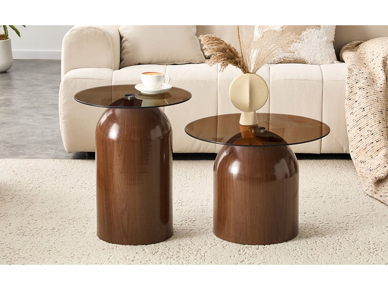  Lot de 3 tables basses brun en verre trempé et acier carboné, piétement demi-sphère  - Conforama E