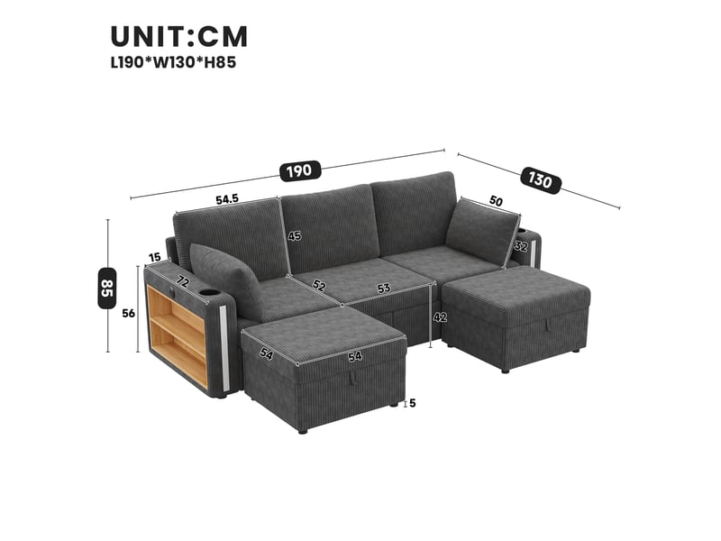 Canapé d'angle modulable en u et l 5 places, tissu velours côtelé gris avec poufs de rangement, éclairage led & ports usb pour grand salon. - Conforama C