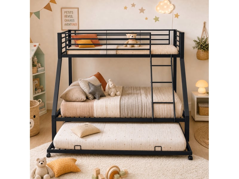  Lit superposé 3 places 90 × 200 cm et 140 × 200 cm avec lit gigogne 90 × 190 cm, sans matelas, métal noir  - Conforama C