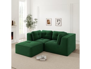Canapé d'angle modulable 2 places en velours côtelé vert, sans montage, assise profonde, design sans cadre