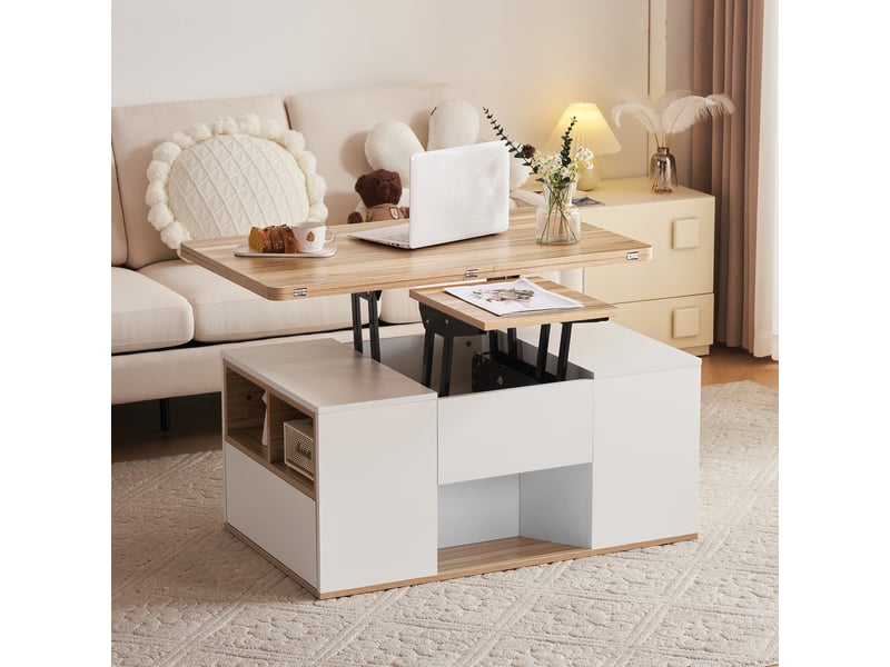  Table basse relevable multifonction - 2 plateaux amovibles, grand rangement - blanc  - Conforama C