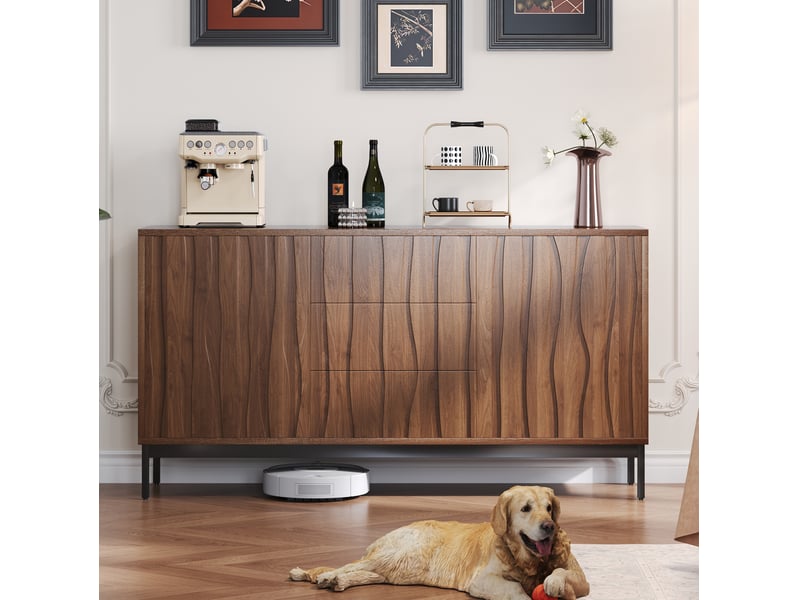 Buffet modenvie 150 x 40 x 80 cm 3 tiroirs 2 portes brun foncé mdf et pb motif rainuré - Conforama E