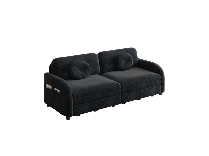  Canapé-lit 2 places 166x84x90 cm 3-en-1, poche latérale, canape droit en métal, bois, mousse et tissu chenille noir  - Conforama A