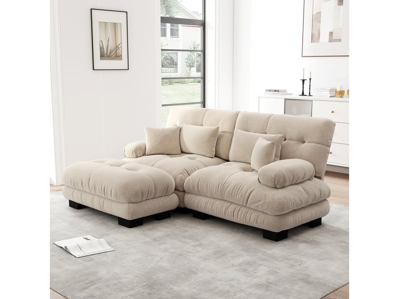  Canapé modulable d'angle avec ottoman, coussins lombaires et assise profonde en chenille, marron clair  - Conforama D