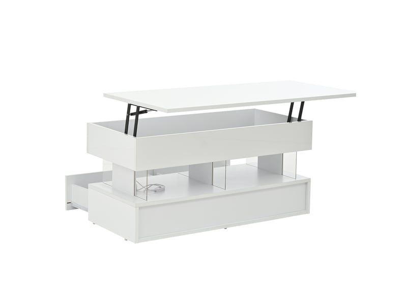  Table basse relevable avec 2 tiroirs, espace de rangement caché et led, en mdf et acrylique, blanc - uvrion  - Conforama A