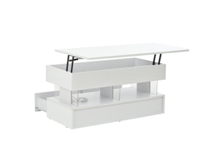 Table basse relevable avec 2 tiroirs, espace de rangement caché et led, en mdf et acrylique, blanc - uvrion