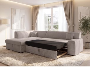 Canapé d'angle gauche convertible <strong>AX LIVING </strong> <strong>Lucera</strong> 5 places Velours côtelé beige avec coffre de rangement