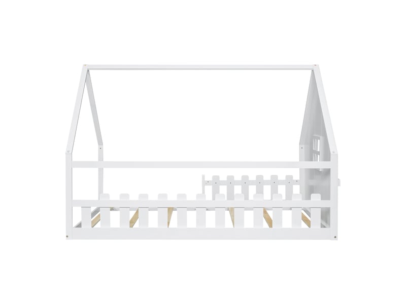  Lit cabane enfant 140x200 en bois de pin massif avec barrière de sécurité, lit enfant blanc au design moderne pour chambre  - Conforama W