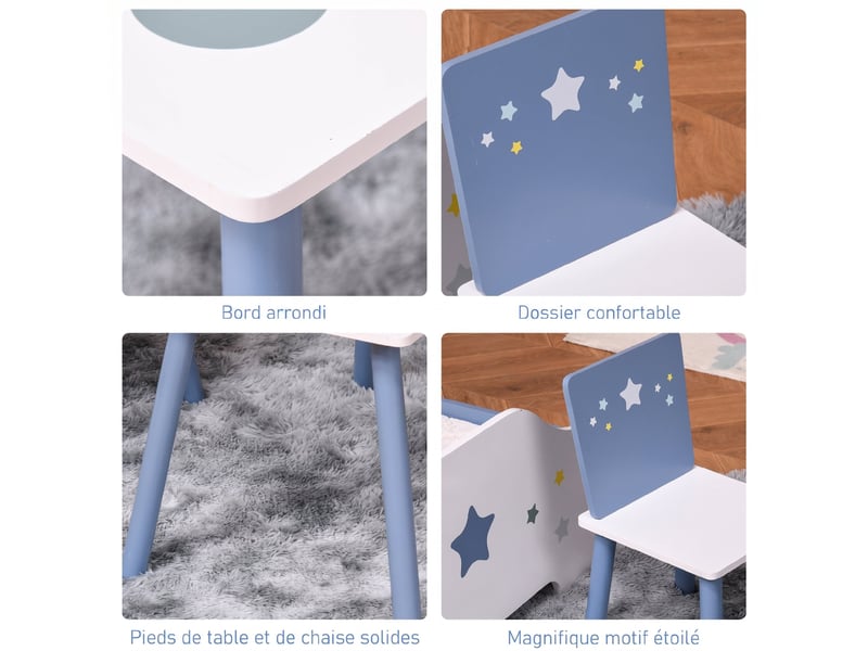  Table enfant avec chaise, ensemble table et 2 chaises en bois pour dessiner, étudier, jouer, bleu  - Conforama R