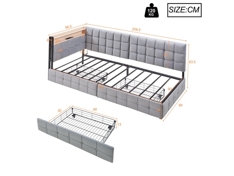 Lit enfant rembourré 90 x 200 cm avec 2 tiroirs, led, usb et usb-c, gris Fay Lum - Conforama C