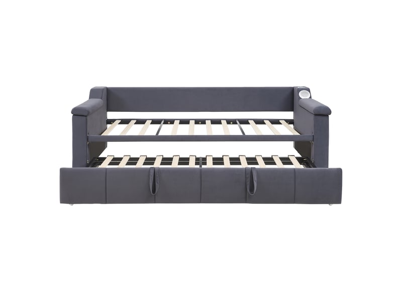  Canapé-lit extensible 90180x190 cm en velours gris avec bluetooth stéréo, ports usb et sommier inclus  - Conforama D