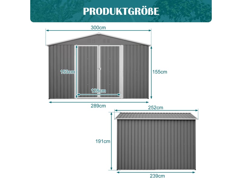 Abri de jardin en métal 300 x 252 x 191 cm, grand rangement extérieur 6,91 m² avec double porte verrouillable, ventilation intégrée, gris Luxe haut de gamme - Conforama C