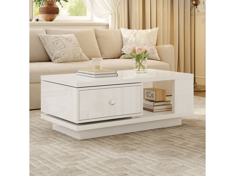  Table basse avec rangement tiroir pivotant compartiment ouvert finition brillante poignée en métal  - Conforama D
