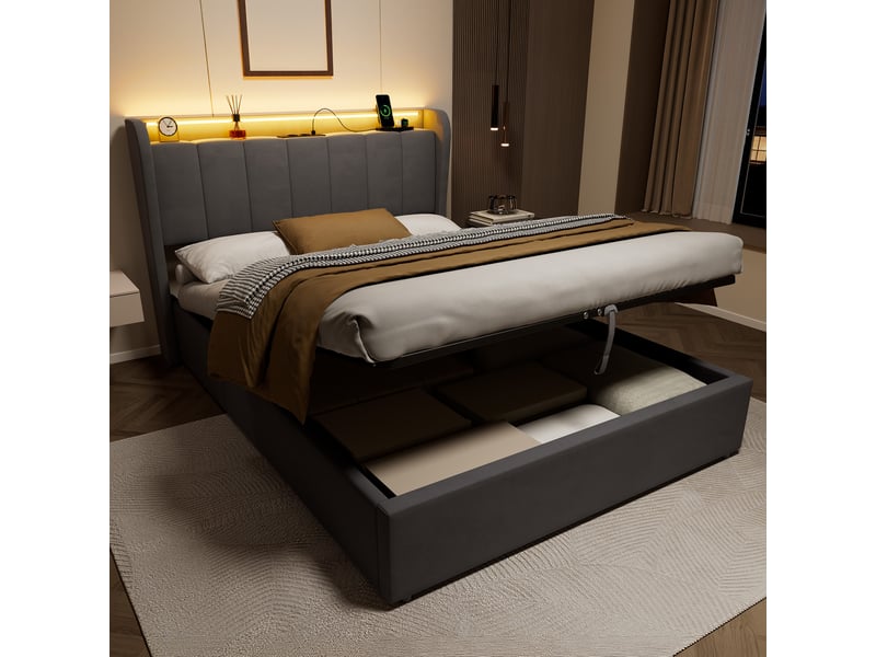  Lit coffre 140 x 190 cm gris foncé avec tête de lit de rangement et éclairage led  - Conforama C