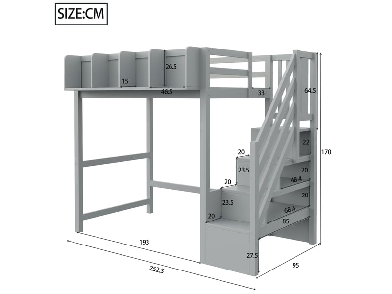 Lit mezzanine 90x200 cm avec rangements et éclairage led en bois gris - Conforama E