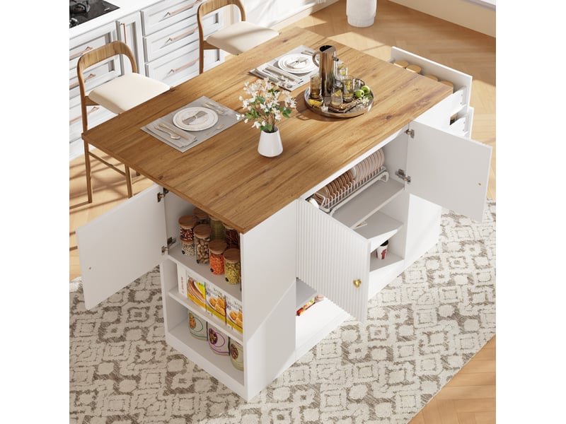  Îlot de cuisine rangement 140x40-70x90cm design moderne et élégant tiroirs plateau rabattable mdf et métal, blanc  - Conforama W