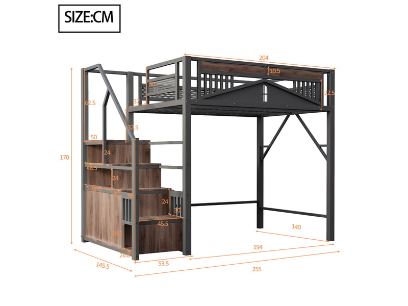  Lit mezzanine enfant 140x200 cm – noir – escalier avec rangements et barrière de sécurité - sans matelas  - Conforama C