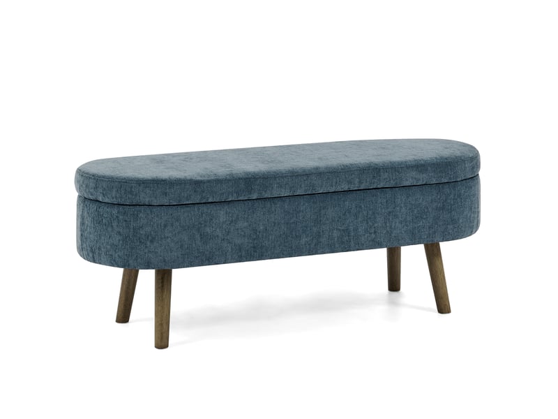  Banc de rangement 110x40x42 cm avec coffre 20 l, pieds en bois, pour chambre et salon, assise en tissu chenille, bleu  - Conforama A