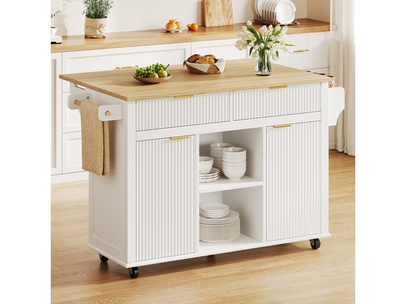  Îlot de cuisine 143 cm, plateau rabattable, 2 tiroirs, portes rainurées, rangements latéraux, roulettes, blanc et bois  - Conforama D