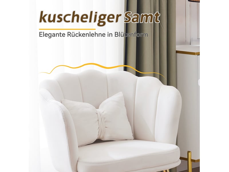  Lot de 6 chaises design 63x58x77 cm, dossier pétale, coussins, pieds en métal doré, velours beige  - Conforama E