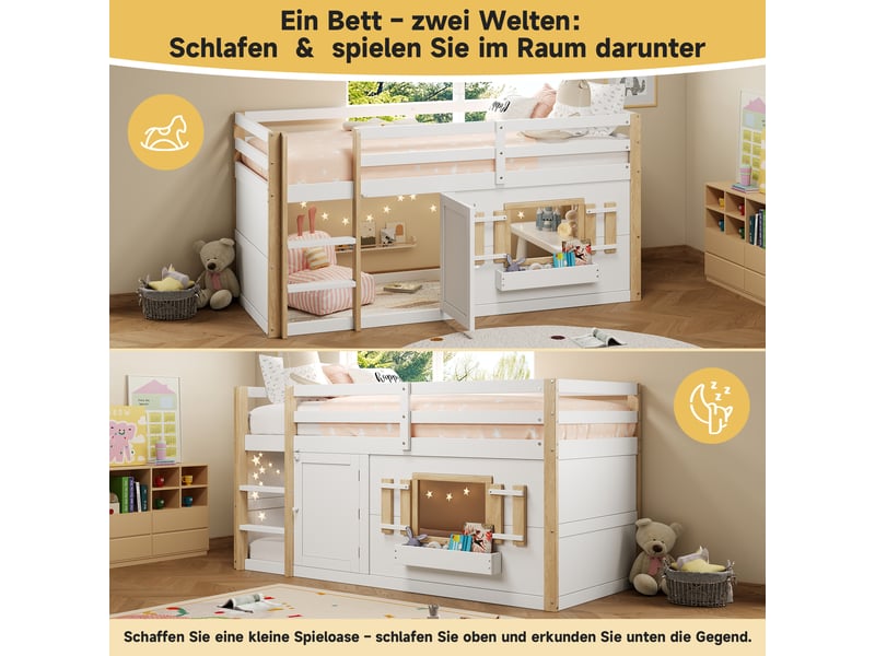  Lit superposé 90x200 cm avec porte, lit enfant multifonctionnel avec échelle, pouvant être transformé en aire de jeux, blanc  - Conforama W