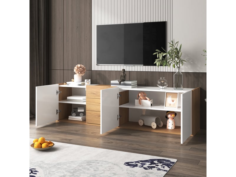  Meuble tv bas blanc et décor bois 171,5 cm avec 3 portes et 3 tiroirs, à poser ou à fixer au mur  - Conforama C