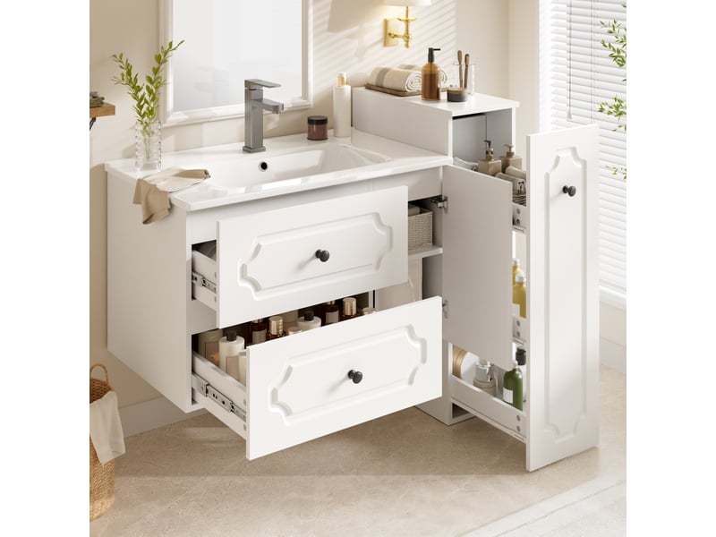  Meuble sous vasque avec 2 tiroirs, 1 porte et colonne à 3 niches pour salle de bain, 107×47,5×90,5 cm, blanc  - Conforama B
