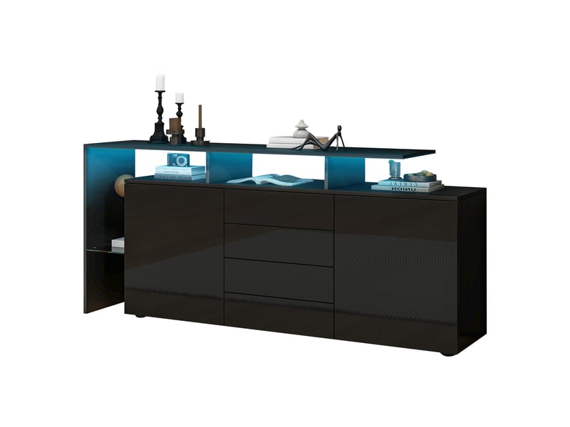  Buffet noir brillant 2 portes 4 tiroirs avec éclairage led 160 cm  - Conforama A