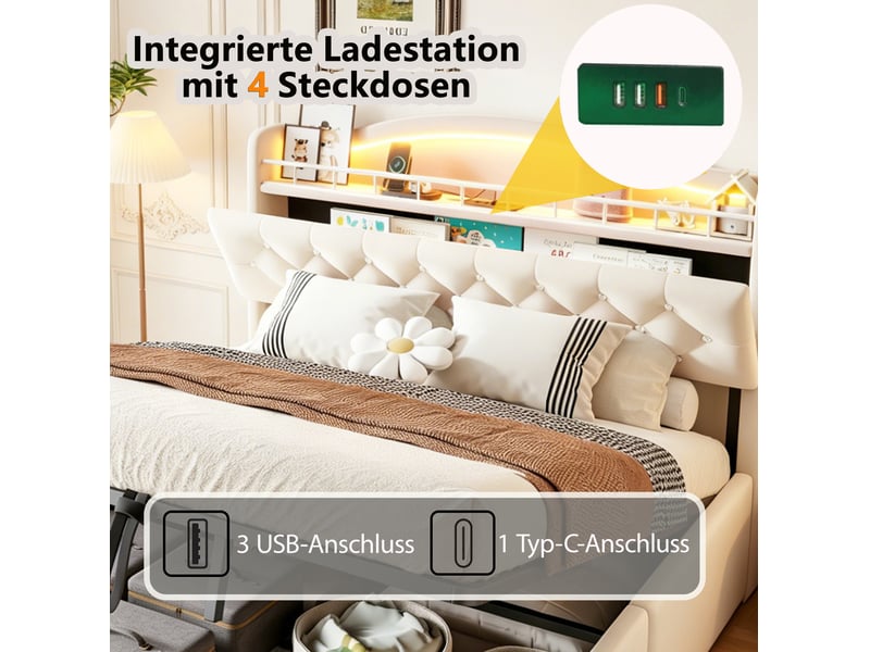  Lit coffre 140x200 cm led usb usb-c, rangement tête de lit, sommier métal, velours sans matelas beige  - Conforama E