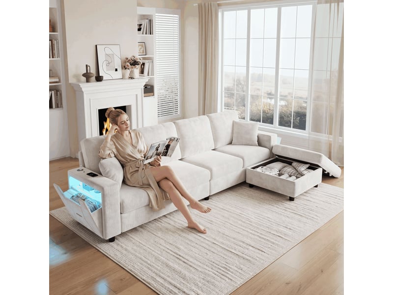 Canapé d'angle l 4 places 282x153x82 cm en polyester avec pouf coffre mobile, accoudoir led usb-c, coussins amovibles, canapé modulable moderne -beige  - Conforama B