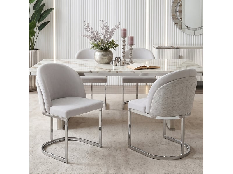  Lot de 6 chaises de salle à manger en tissu chenille gris clair, pieds argentés  - Conforama D