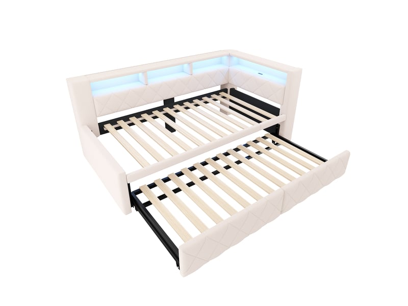 Lit gigogne 90x200 à 180x200 cm, lit banquette extensible, éclairage led, prises intégrées, couchage confortable pour 2 personnes, lin beige CozyNest - Conforama A