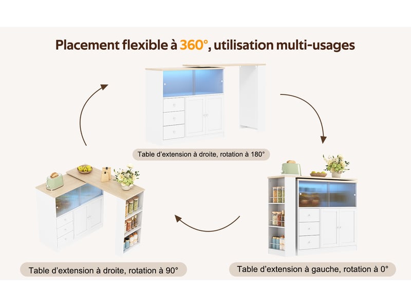  Îlot de cuisine extensible avec plateau rotatif et rangement - lpospi - led rgb, mdf blanc, 172 × 40 × 96 cm  - Conforama E