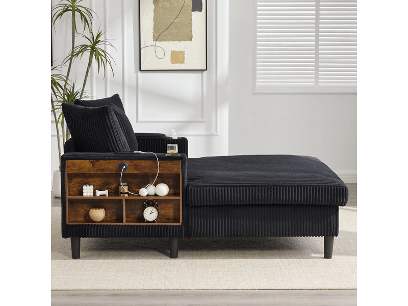  Chaise longue multifonctionnelle en velours côtelé, grand espace de repos, led, port usb, rangement, 3 coussins  - Conforama D