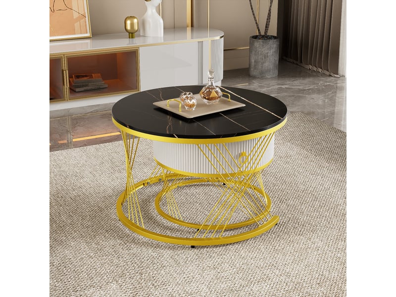  Tables basses gigognes effet marbre avec 1 tiroir et pieds réglables, pour salon, mdf, noir  - Conforama C