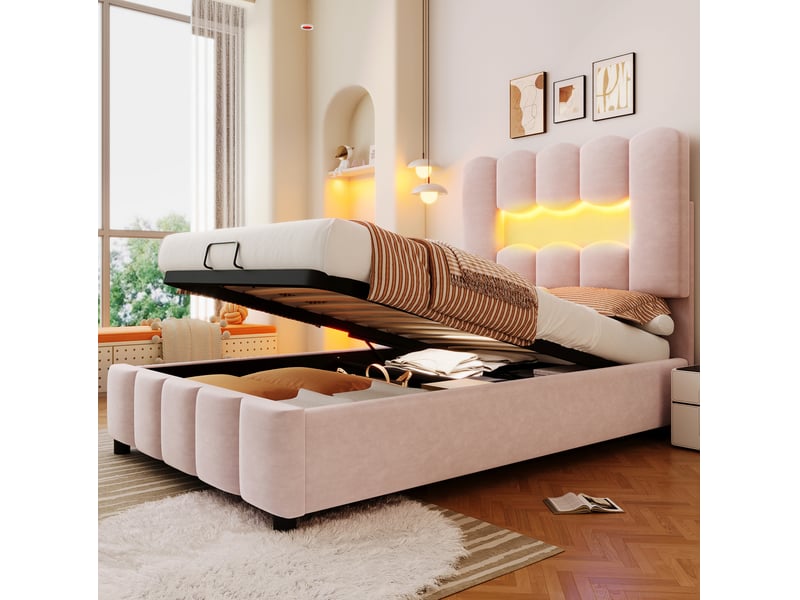  Lit simple 90x200 cm avec rangement hydraulique et éclairage led, en velours rose  - Conforama D
